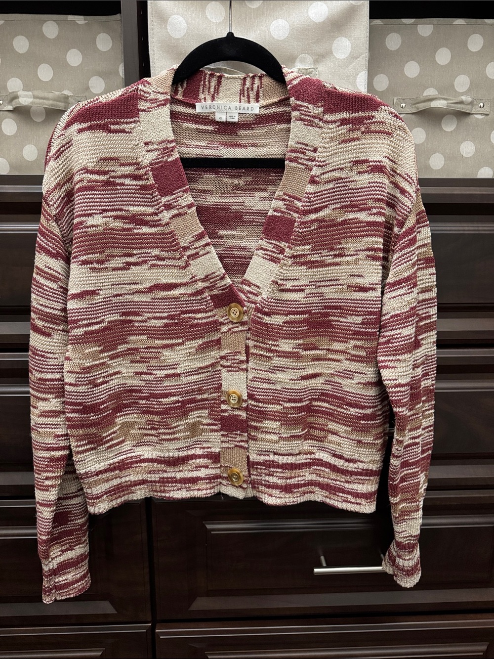 Veronica Beard Marled Burgundy and Cream Button Front Cardigan